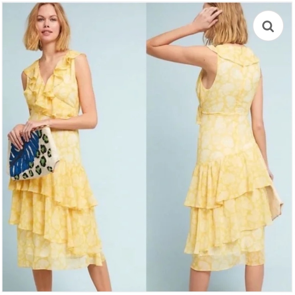 NWOT dRA Anthropologie Sunny Days Ruffled Yellow Motif Dress - S